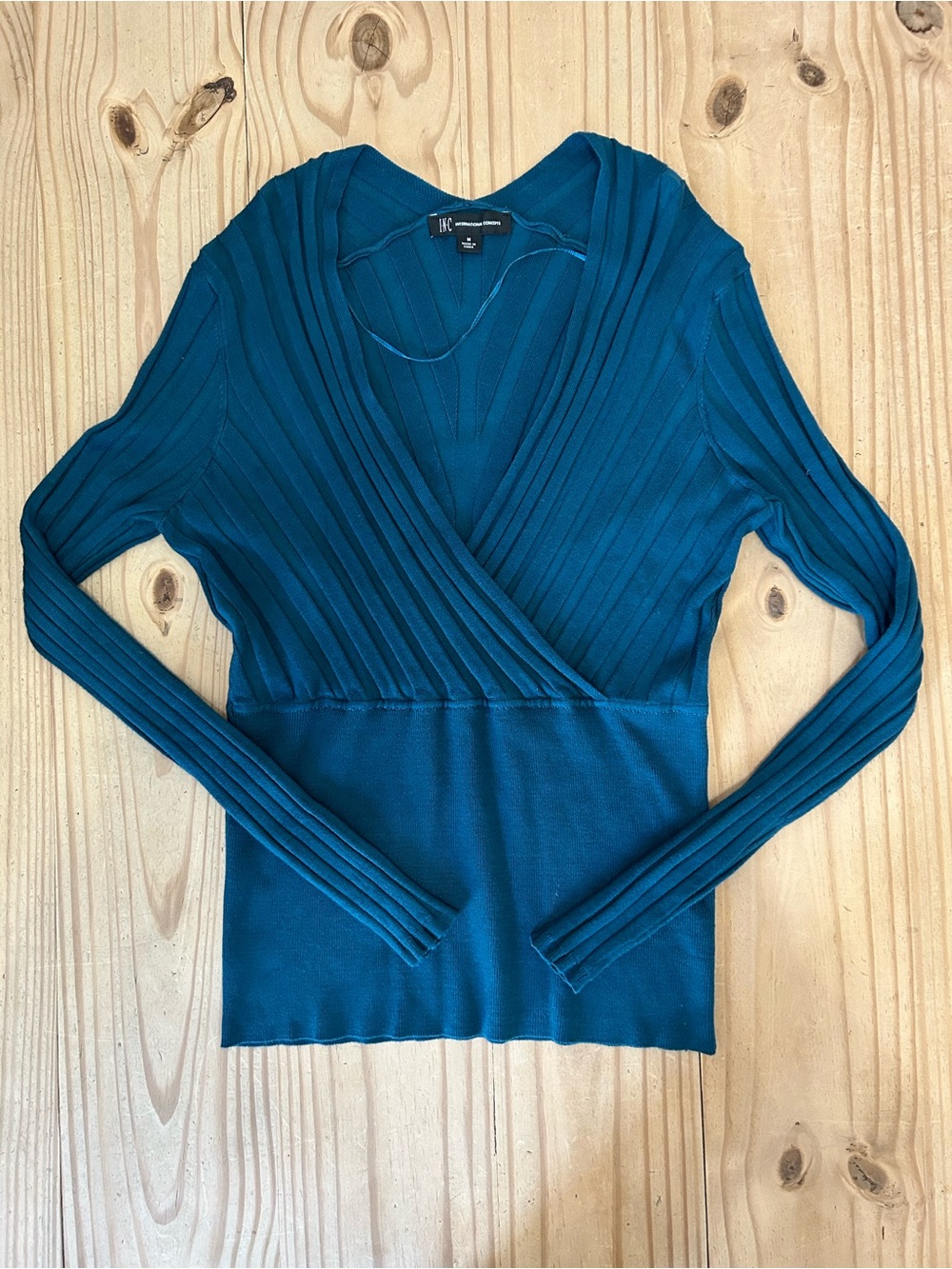 INC International Concepts Teal Ribbed Wrap-Style Long Sleeve Top